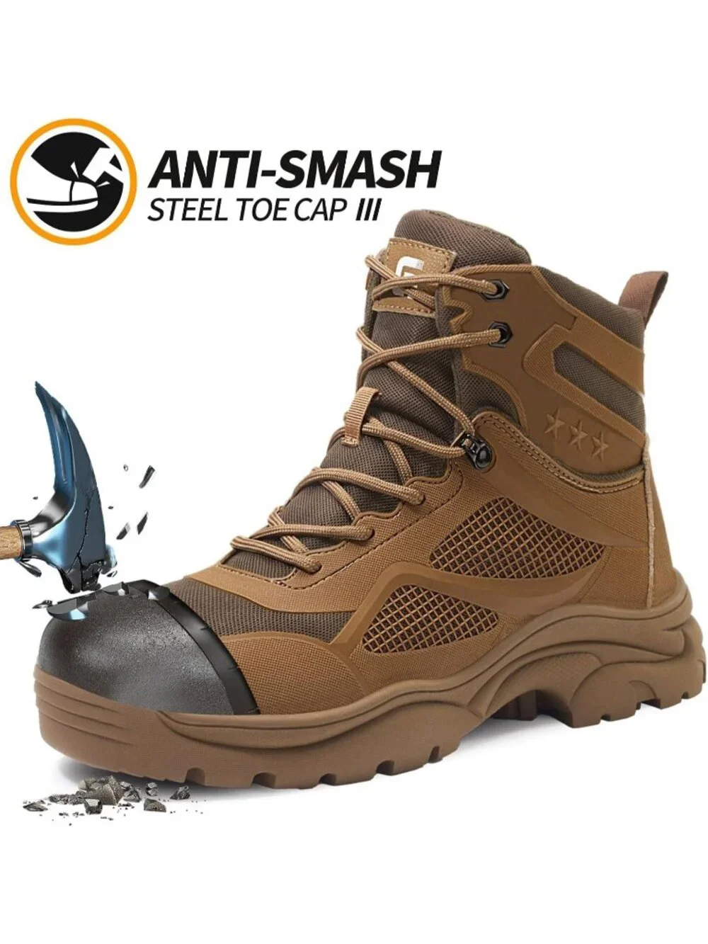 Mens Brown Breathable Shoes Casual High Top Steel Toe Non Slip Hiking Boots